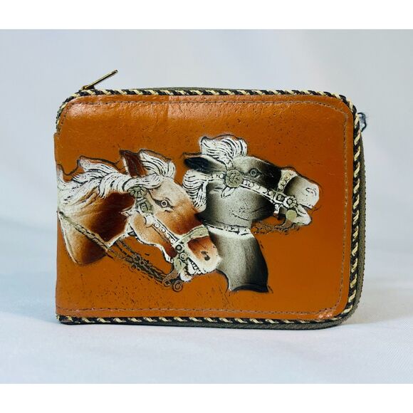 Vintage Leather Bifold Wallet Hand Tooled Horses 1950s Men Boys Cowhide Zip Up - Picture 1 of 8